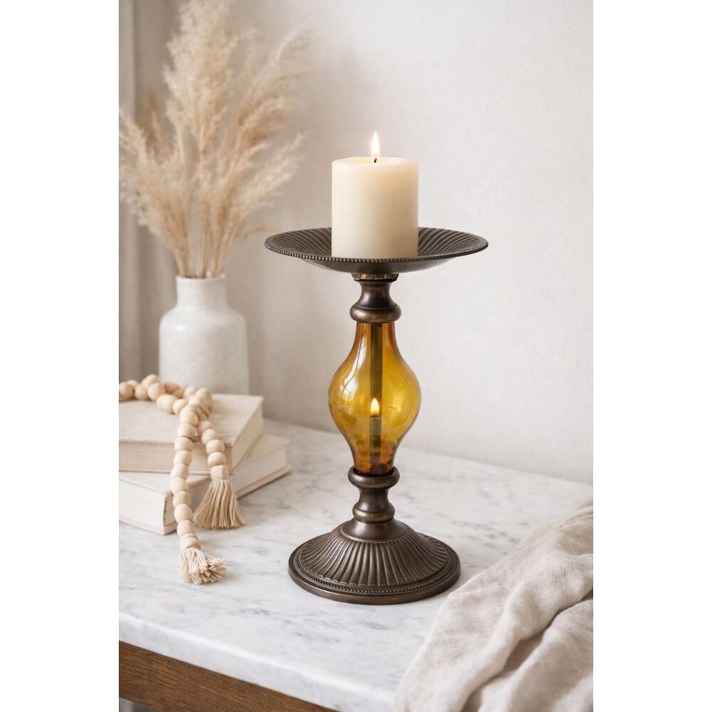 Amber Glass Pedestal Candle Holder Antique Brass Tone Pillar Candlestick Neutral